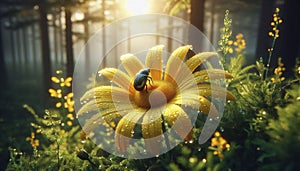 Yellow daisy with raindrops and a beetle, surrounded by a soft forest bokeh. photo