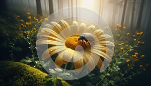 Yellow daisy with raindrops and a beetle, surrounded by a soft forest bokeh. photo