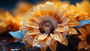 Yellow daisy in wet meadow, reflecting sunlight, vibrant colors generated by AI