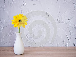 Yellow daisynGerbera jamesonii daisy flower in vase on table ,Barberton Transvaal daisy copy space for text lettering flower in
