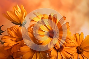 Yellow daisys pressed dried flowers in style of watercolor and orange background