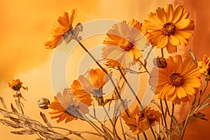 Yellow daisys pressed dried flowers in style of watercolor and orange background