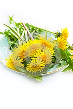 Yellow dandellion flowers on a plate, close up