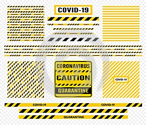 Yellow danger tape caution stripe and sign for covid-19 Coronavirus background quarantine
