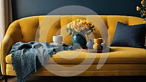 Yellow and Dark Grey Interior Room Design: Bright Comfortable Sofa with Pillows and warm plaids, coffee cup, clay Vases with Fresh