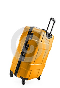 Yellow dark suitcase plastic on two wheels