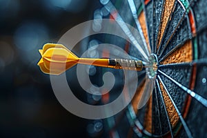 Yellow dart arrow hitting in the target center of dartboard