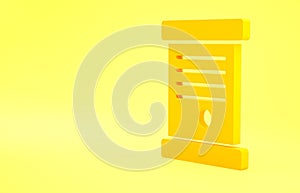 Yellow Decree, paper, parchment, scroll icon icon isolated on yellow background. Minimalism concept. 3d illustration 3D