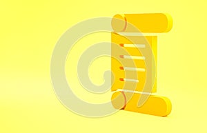 Yellow Decree, paper, parchment, scroll icon icon isolated on yellow background. Minimalism concept. 3d illustration 3D