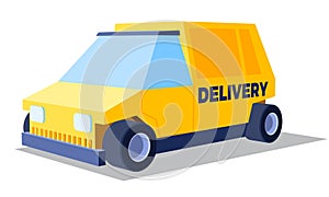 Yellow delivery car or van with 3D perspective. Fast car illustration for delivery business banner or pop-up in the