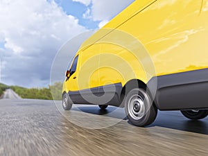 Yellow Delivery Commercial Van on Countryside Road Motion Blurred 3d Illustration