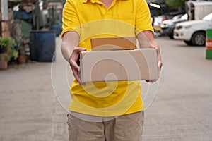 Yellow delivery man carry parcels