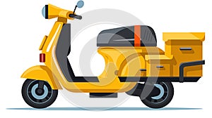 Yellow delivery scooter cartoon illustration. Modern urban transport food parcel delivery vector photo