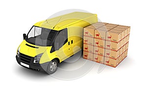 Yellow delivery van with cardboard boxes 3d