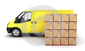 Yellow delivery van with cardboard boxes 3d