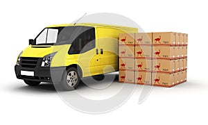 Yellow delivery van with cardboard boxes 3d