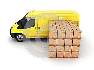 Yellow delivery van with cardboard boxes 3d
