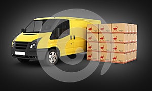 Yellow delivery van with cardboard boxes on black gradient background 3d