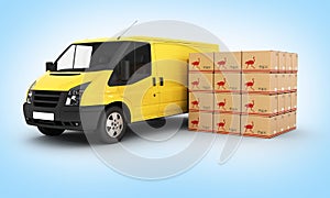 Yellow delivery van with cardboard boxes on blue gradient background 3d