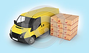Yellow delivery van with cardboard boxes on blue gradient background 3d