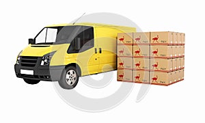 Yellow delivery van with cardboard boxes without shadow 3d