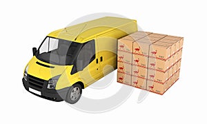Yellow delivery van with cardboard boxes without shadow on white background 3d