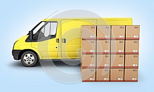 Yellow delivery van with cardboard boxes side view on blue gradient background 3d