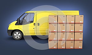 Yellow delivery van with cardboard boxes side view on dark blue gradient background 3d