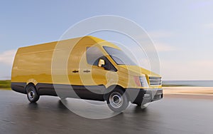 Yellow Delivery Van on Coastal Road Motion Blurred 3d Illustration