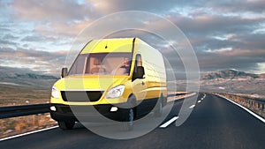 Yellow delivery van driving along a desert road into the sunset