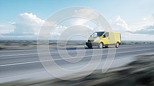 Yellow delivery van on highway. Very fast driving. Transport and logistic concept. 3d rendering.