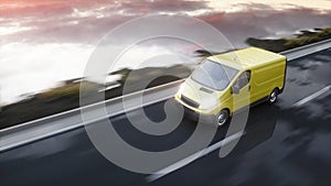 Yellow delivery van on highway. Very fast driving. Transport and logistic concept. 3d rendering.