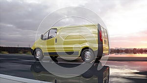 Yellow delivery van on highway. Very fast driving. Transport and logistic concept. 3d rendering.