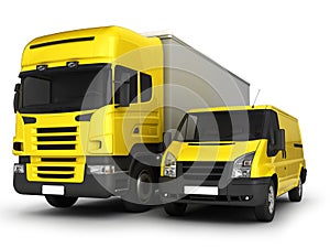 Yellow delivery van and truck on a white background.3D illustration