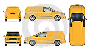 Yellow delivery van vector mockup. Isolated vehicle template side, front, back, top view