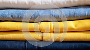 Yellow denim fabric. Yellow and blue fabrics folded on a table. A stack of different colored folded clothes. Stack of