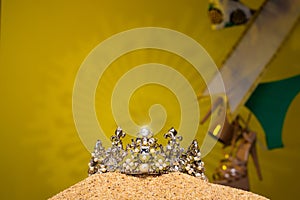 Yellow Desert Sand Diamond Crown put into golden sun natural hot middle east for Miss Beauty Pageant Contest Competition, bikini