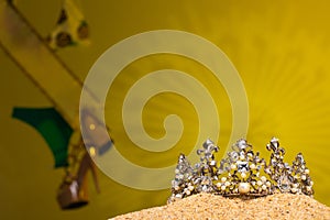 Yellow Desert Sand Diamond Crown put into golden sun natural hot middle east for Miss Beauty Pageant Contest Competition, bikini