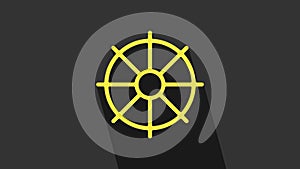 Yellow Dharma wheel icon isolated on grey background. Buddhism religion sign. Dharmachakra symbol. 4K Video motion