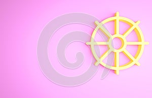 Yellow Dharma wheel icon isolated on pink background. Buddhism religion sign. Dharmachakra symbol. Minimalism concept