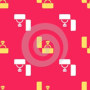 Yellow Diamond engagement ring icon isolated seamless pattern on red background. Vector Illustration