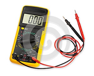 Yellow digital multimeter electronic measurement device tool with red and black cables isolated white background. Installation