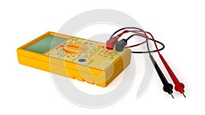 Yellow digital multimeter on white background.