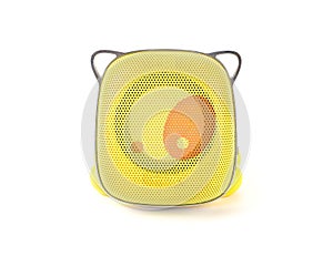 Yellow digital wireless sound speaker in dog shape isolated on white background, Portable bluetooth loudspeaker