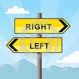 Yellow direction sign pointing opposite directions, words right and left