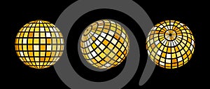 Yellow disco ball set. Collection of wireframe spheres in different angles. Grid globe or checkered ball bundle. Gold