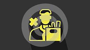 Yellow Dismissed sad young man carrying box with his personal belonging leaving his job icon isolated on grey background