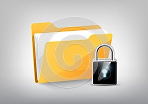 Yellow document file folder directory icon isolated and modern high technology padlock shield on white grey, transparent vector