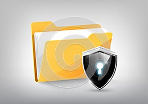 Yellow document file folder directory icon isolated and modern high technology shield lock shield on white grey, vector