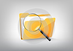 Yellow document file folder directory icon and magnified glass on white grey, transparent vector